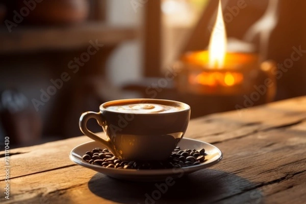 Fototapeta A cup of aromatic espresso graces a rustic wooden table