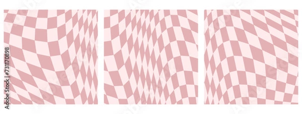 Fototapeta Set of Square Abstract Background Featuring Psychedelic Groovy Checkerboard Design in 1970s Hippie Retro Style. A Vector Pattern Ready for Use, Pink color palette.