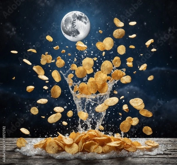 Obraz Crispy potato chips falling into a glass with planet earth in the background