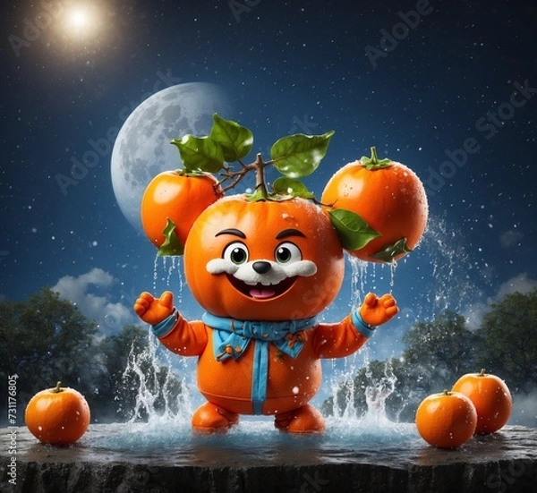 Obraz Funny pumpkin character with fruits and a full moon background. Halloween concept