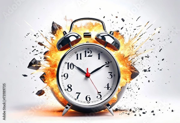 Fototapeta desk clock alarm clock explodes like a time bomb, fantastic style, white background
