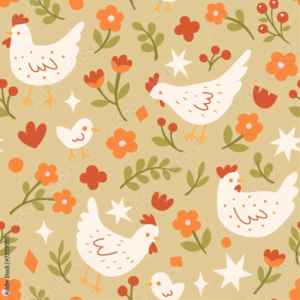Obraz Cute seamless pattern with chickens and floral elements. Vector illustration with cartoon drawings for print, fabric, textile.
