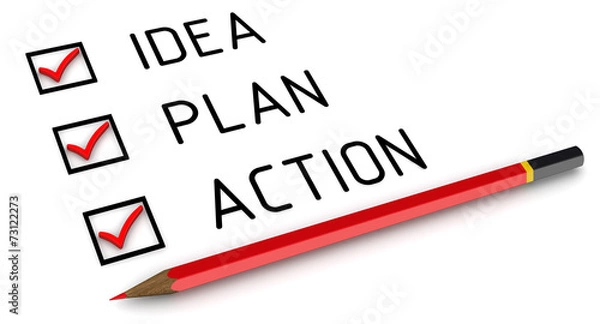 Obraz Идея, план, действие. Отмеченные пункты и карандаш
