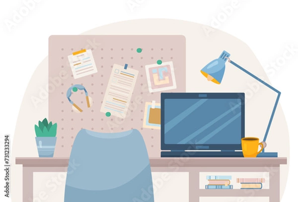 Fototapeta Flat Office room concept with computer on desk and chair. Interior items of modern midcentury design with magnetic board and books. Vector working place cartoon illustration with accessories and lamp