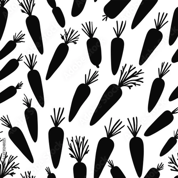 Fototapeta Seamless pattern of black carrot silhouettes on a white background, creating a bold and modern graphic design.
