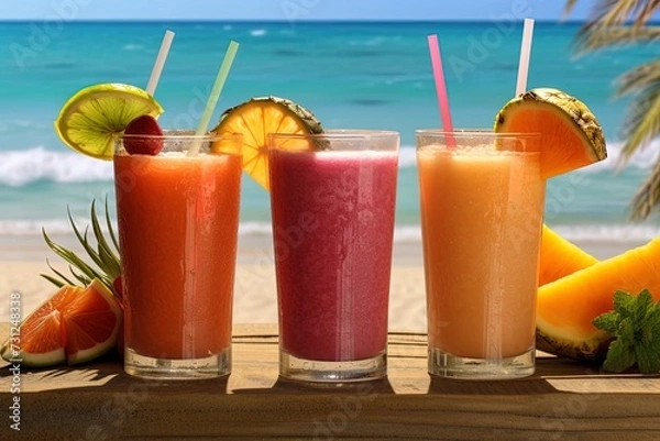 Fototapeta Tropical summer juices in a beach background. Summer vibe.