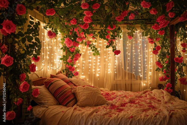 Fototapeta bedroom with a bookshelf covered in twinkling lights and roses.
