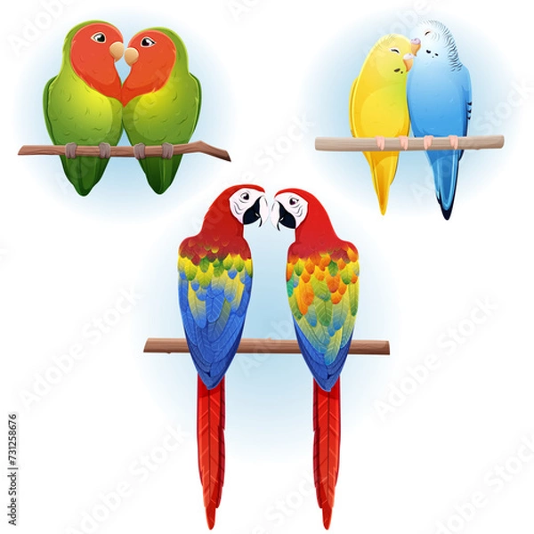 Fototapeta Vector set of cartoon colorful parrots in love