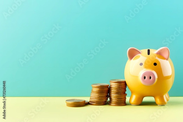 Fototapeta Piggy bank and money coins stack copy space. Business, save money and investment concept. Copy space.