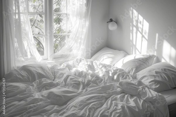 Fototapeta Unmade bed with white linens standing by the window and illuminated by bright sunlight. Concepts: interior, lazy morning, tranquility, comfort, quiet luxury