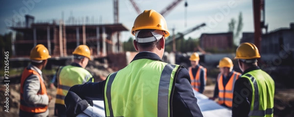 Fototapeta Professional engineers discussing about blueprints and effectivity at construction site
