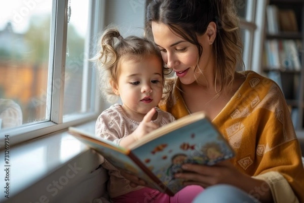 Fototapeta A curious toddler snuggles in her mother's lap as they sit by the window, lost in the pages of a storybook