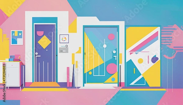 Fototapeta Different colorful and artistically with shapes and colors designed doors in a graphically designed illustration
