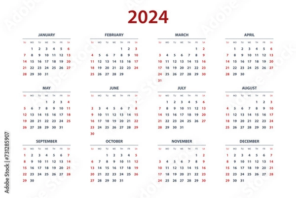 Fototapeta Quarter calendar template for 2024 year. Wall calendar grid in a minimalist style. Week Starts on Sunday.