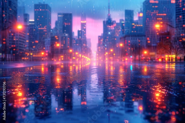 Fototapeta An energetic cityscape at twilight with neon lights illuminating the buildings in lively shades, creating an electric urban atmosphere. Concept of a dynamic city nightlife. Generative Ai.