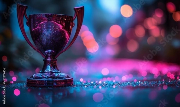 Fototapeta A winner trophy cup set against abstract purple and pink lights blur blinking background. Generative AI