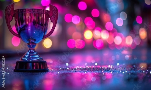 Fototapeta A winner trophy cup set against abstract purple and pink lights blur blinking background. Generative AI