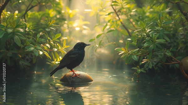 Fototapeta black small bird on a stone in the middle of forest on river