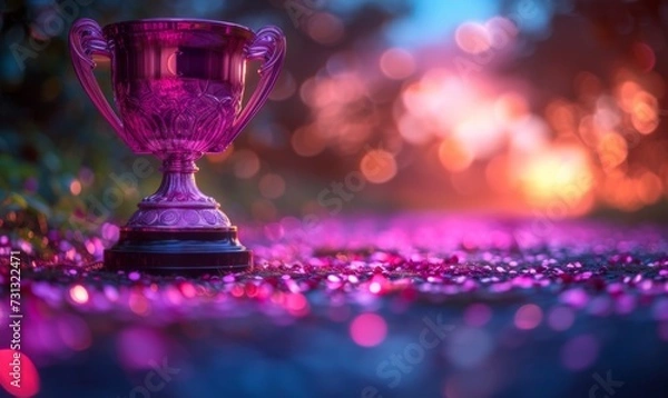 Fototapeta A winner trophy cup set against abstract purple and pink lights blur blinking background. Generative AI