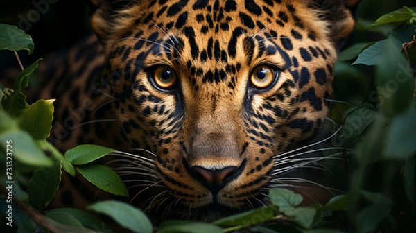Fototapeta The leopard hiding in the jungle foliage