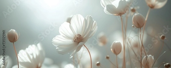 Fototapeta A high-definition, close-up image of pristine white flowers against a soft, defocused background, with sunlight filtering through, highlighting the flowers' delicate features 