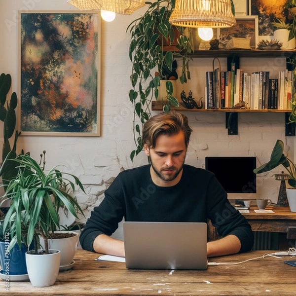 Fototapeta Junger attraktiver Mann sitzt am Computer