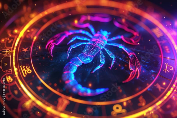 Fototapeta Scorpio zodiac sign against horoscope wheel. Astrology calendar. Esoteric horoscope and fortune telling concept.