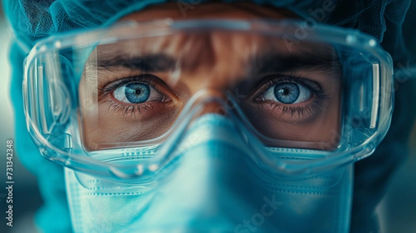Obraz In a striking close-up, the healthcare professional's determined gaze shines through the layers of personal protective equipment, signifying their readiness to administer essential care.