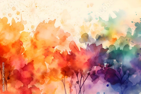 Fototapeta abstract watercolor background with flowers or trees in orange, red, purple, yellow, green and blue.