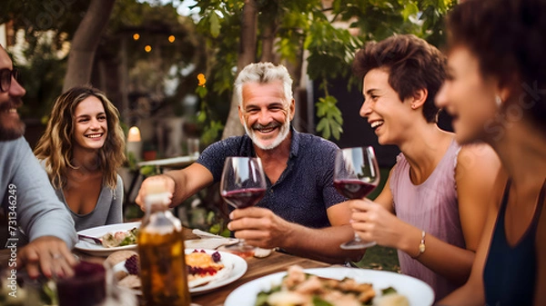 Fototapeta group of friends having dinner in the garden enjoying their life. Tavolata setting, red wine 