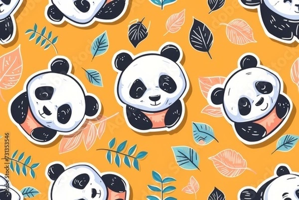 Fototapeta Cute panda seamless pattern, hand drawn forest background with flowers and dots, vector illustration