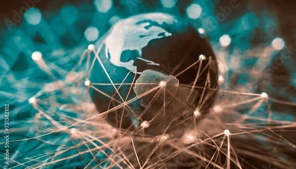 Fototapeta world connected by copper lines; global networking; network communication concept