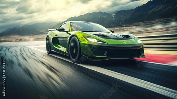 Fototapeta Thrilling shot of a light green and black sports car making a sharp turn on a race track