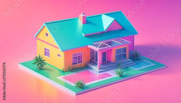 Fototapeta Isometric view of a detached single-family house in very colorful color combinations of the eighties