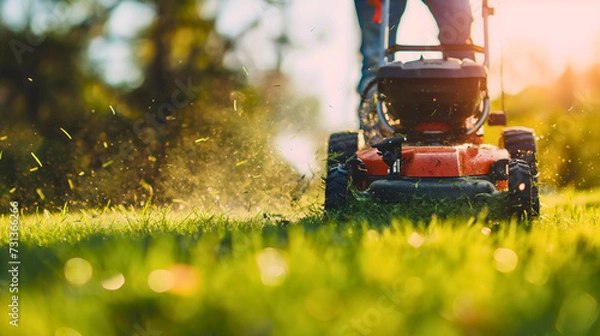 Fototapeta Low angle of a man pruning horticulture or hedge lawnmower machine cutting or trimming grass outdoors in his backyard on a sunny summer or spring day. House maintenance work or hobby, leisure activity