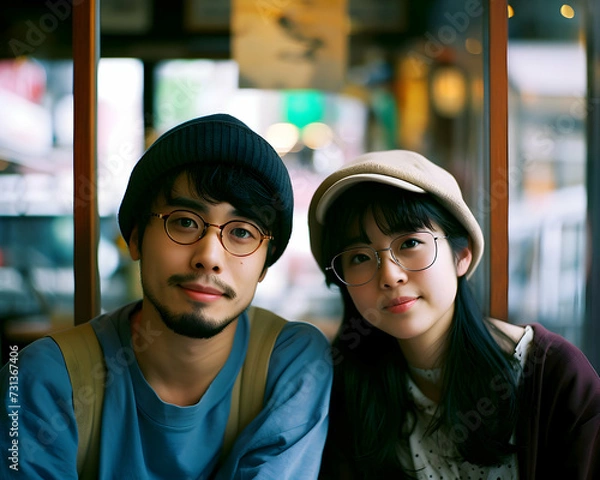 Fototapeta Portrait of a young japanese hipster couple with hats and glasses using public transportation