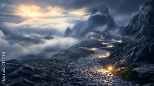 Fototapeta Mountain stone road surrounded by foggy misty valleys, creating a path, leading to far mountain top or peak, glowing lamps all along the path, path to success concept, career pathway milestone