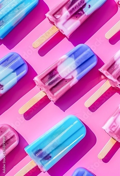 Fototapeta A vibrant array of plastic popsicles in shades of magenta, aqua, and pink are arranged on a smooth surface, tempting the viewer with their cool, sweet promise on a hot summer day