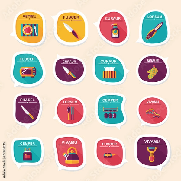 Fototapeta Kitchenware bubble speech flat banner design background set, eps