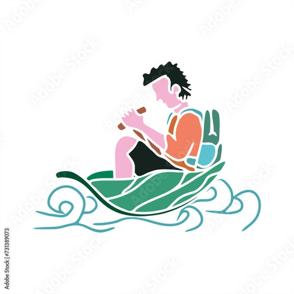 Fototapeta colorful illustration of students rowing a leaf boat for icon or logo