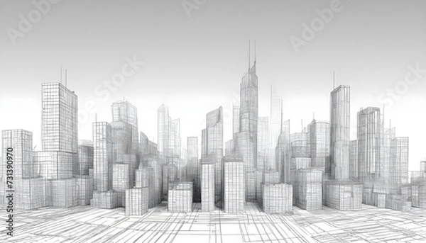 Fototapeta Abstract wireframe city background. Perspective 3D render of building wireframe. Vector.