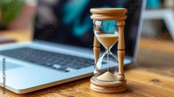 Fototapeta Laptop and hourglass on wooden table, concept of managing time at work