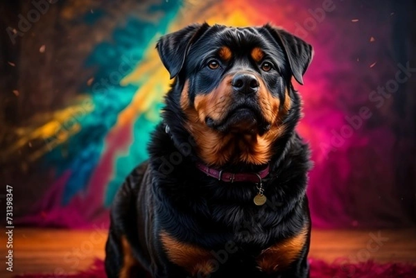 Fototapeta Portrait of powerful rottweiler puppy in vibrant colorful background.