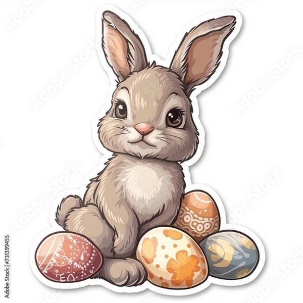 Obraz a very beautiful 2d sticker of an easter bunny and Easter egg with easter flowers and Basket with a strong black outline isolated on a plain background. easter bunny with eggs