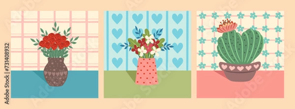 Fototapeta Set of illustrations of vases with flowers and cactus in pot. Elements for greeting card, invitation, print, sticker. Still lifes for birthday, mother's day, valentine's, woman's day.