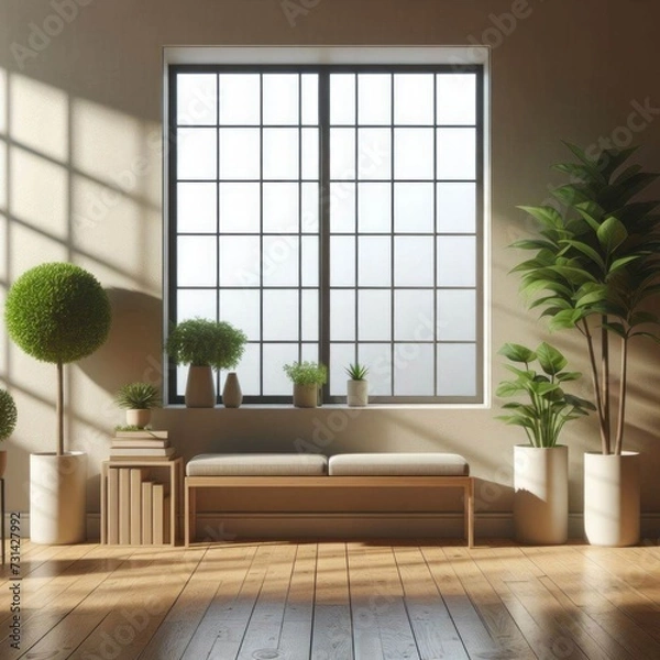 Fototapeta stylish wooden bench against a plain, light-colored wall adorned by the soft shadows of window panes