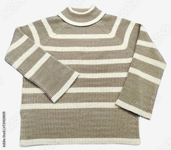 Fototapeta Colorful striped knit sweater jumpers and colorblock knit jumper and Turtleneck-high neck jumper. multi colored knit sweater. Front closeup view white background. Top-10 Everyday 