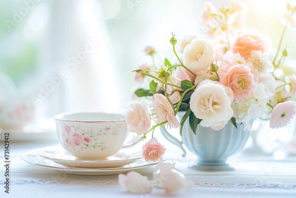 Fototapeta Elegant birthday table setting with floral centerpieces and delicate china, soft pastel colors for a sophisticated and tranquil background, natural light