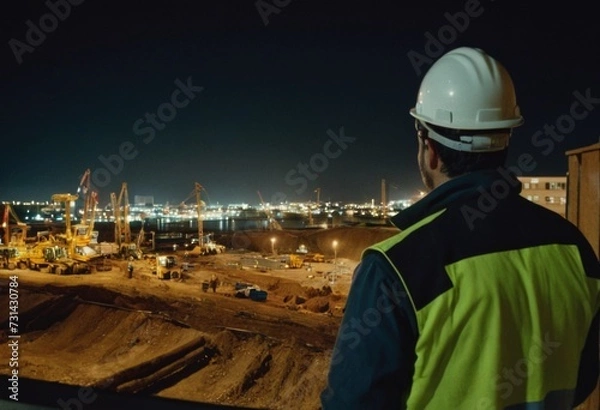 Fototapeta worker in safety gear observing a construction site at night.
