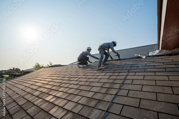 Fototapeta Roofer worker in special protective work wear and gloves,Using pneumatic gun and repair and replace roof tile on top of the new roof.